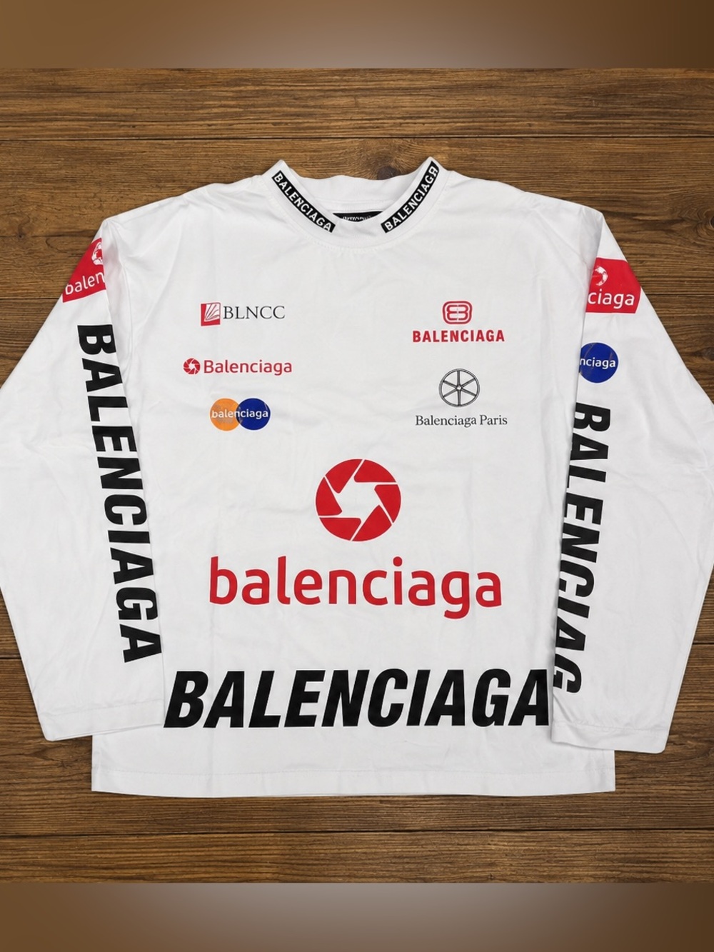 Balenciaga White Long Sleeve Logo Tee with Red & Black Graphics